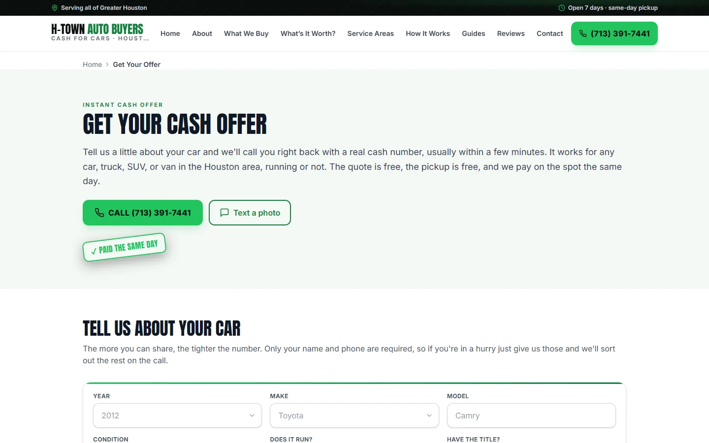 The H-Town Auto Buyers offer form, starting with year, make and model.