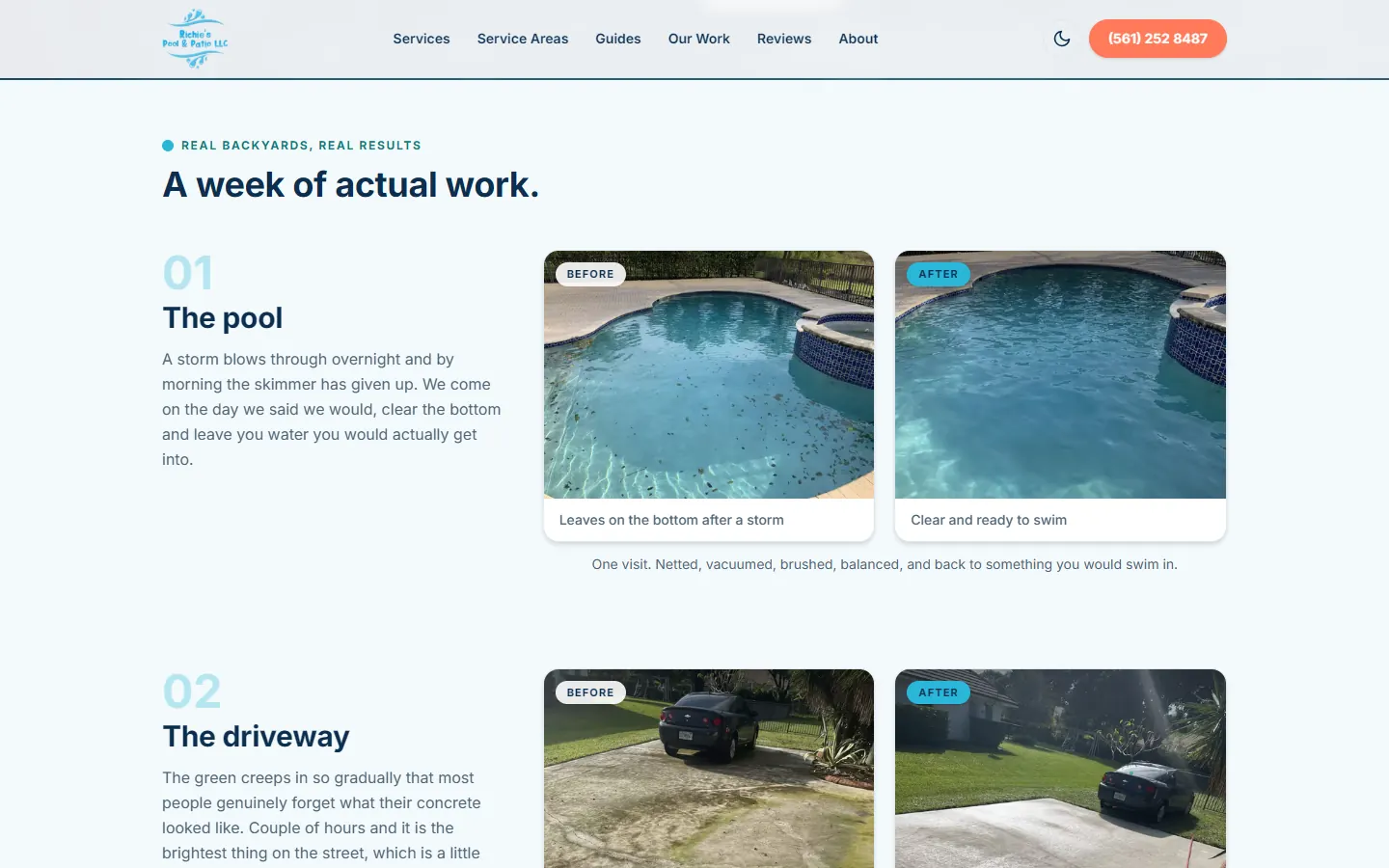 Before and after photos of a pool, side by side.